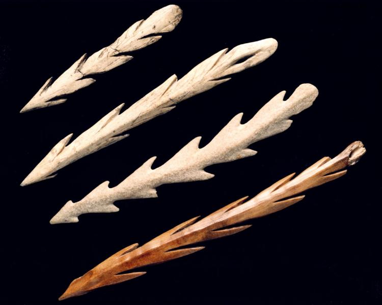 A photograph showing four antler barbed points of various sizes